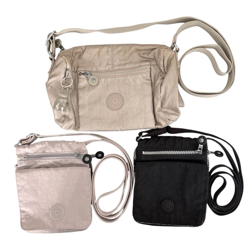 Lot Of 3 Kipling Crossbody Bags Nylon Multi-Zip Adjustable Straps Gold Black Tan